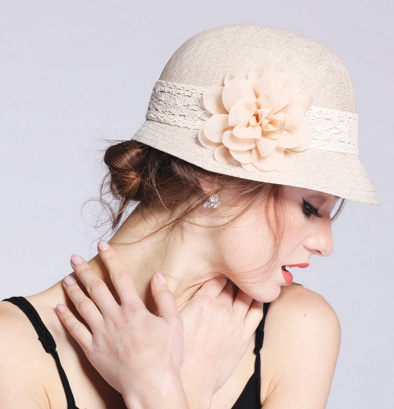 Epoch Women's Gatsby Linen Cloche Hat with Lace Band and Flower - Pink - Image 3